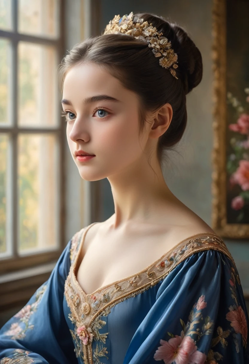 (highres,masterpiece:1.2),(realistic:1.37)"(best quality, highres, ultra-detailed, realistic),beautiful 19th-century portrait of a 16-year-old French ballet dancer, (She is half French and half Japanese, and is a stunning beauty with dark blue eyes and a high nose:1.1), elaborate ballet costume, detailed facial features, long graceful neck, flowing locks of hair, poised and elegant posture, soft and delicate lighting, classic oil painting medium, vibrant colors, subtle background with floral motifs", dreamy atmosphere, Surrealism,mystical aura