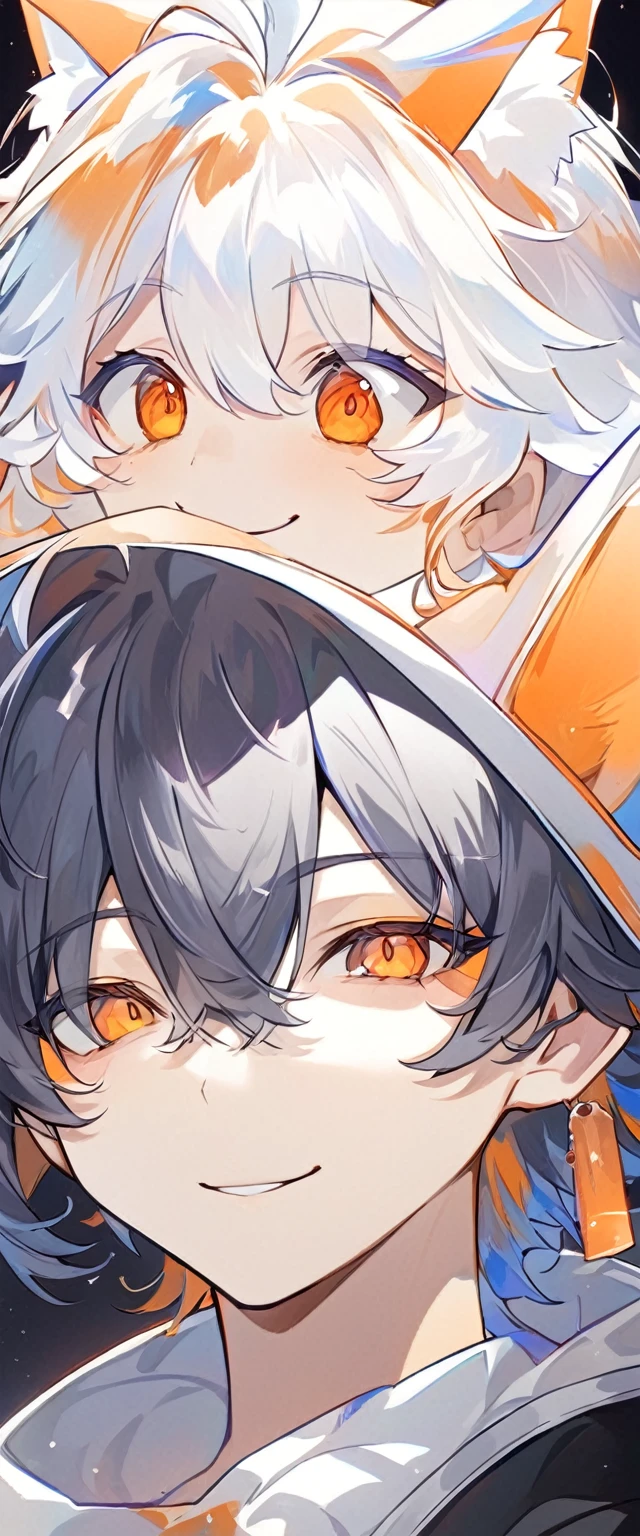 The Minimalists，pretty girl，There is a pair of cat ears on the head，Black haireworks in the dark background，Bohemian style，Clear lashes，Full of bright orange eyes，Clean通透的眼珠，Close shot，Portrait of a person tilting his head towards the camera，Smile flat illustration，geometry，Clean，Japanese Manga