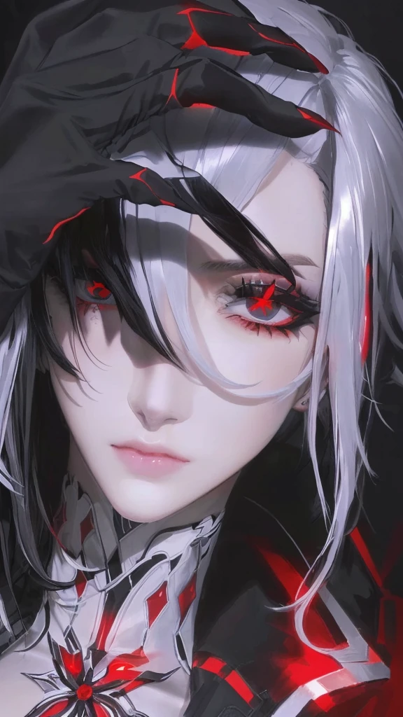 Short curly hair,Straight Hair,White hair,Black Hair,Colorful Hair,Eyeliner,Glowing red eyes, Red X pupil,Cold,Realistic style