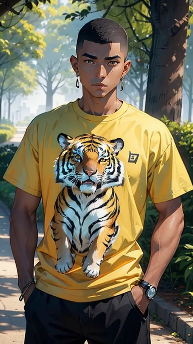 man1,(black skin),round face,brown eyes,black hair,high skin fade haircut for short hair,yellow t-shirt,(a tiger as a pet,Stands with tiger,in the park),retina,masterpiece,ccurate,anatomical correct, textured skin,super detail,high quality,high details,best quality,highres,UHD,1080P