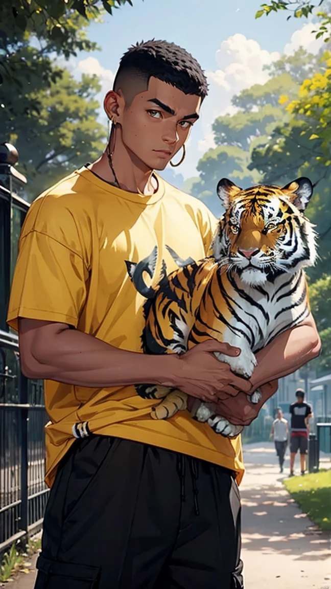 man1,(black skin),round face,brown eyes,black hair,high skin fade haircut for short hair,yellow t-shirt,(a tiger as a pet,Stands with tiger,in the park),retina,masterpiece,ccurate,anatomical correct, textured skin,super detail,high quality,high details,best quality,highres,UHD,1080P