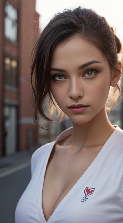 21-year-old, Russian race, (Masterpiece, best quality, photorealistic, high res, photography: 1.3), close-up shot, sharp focus, black hair, hair bun, bun hair, European girl, hot model, slim, Height 160cm, highly detailed eyes and pupils, realistic skin, (perfect body, cleavage), sweatshirt, shirt, loose shirt, small breasts, sports top, slim, extremely detailed hair, delicate sexy face, sexual gaze, shiny lips, outdoor, ((vivid light, dynamic lighting, realistic, super realistic, realism, realistic detail