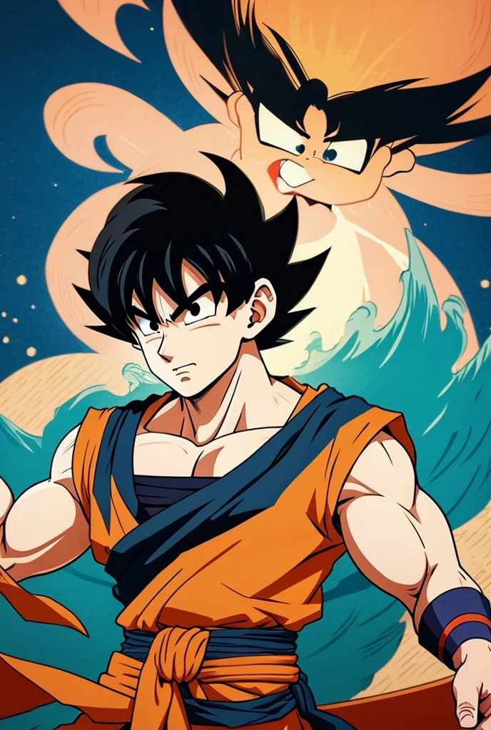 Please draw Son Goku in Ukiyo-e style。he「Dragon Ball」In the protagonist of、I&#39;m a Saiyan。Characteristic hairstyle、武Uniform（Uniform）、And the cloud on his back（Flying Nimbus）Please include a photo of you carrying the。Mountains in the background々and bamboo forests、Drawing traditional Japanese natural scenery、Please emphasize the light ink shading and brush strokes that are characteristic of Ukiyo-e.。Son Goku&#39;s posture can be relaxed,、It doesn&#39;t matter if you&#39;re preparing for battle.。Please draw his face with a confident and gentle smile.。