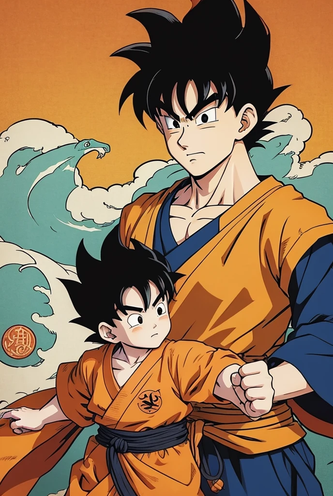 Please draw Son Goku in Ukiyo-e style。he「Dragon Ball」In the protagonist of、I'm a Saiyan。Characteristic hairstyle、武Uniform(Uniform)、And the cloud on his back(Flying Nimbus)Please include a photo of you carrying the。Mountains in the background々and bamboo forests、Drawing traditional Japanese natural scenery、Please emphasize the light ink shading and brush strokes that are characteristic of Ukiyo-e.。Son Goku's posture can be relaxed,、It doesn't matter if you're preparing for battle.。Please draw his face with a confident and gentle smile.。