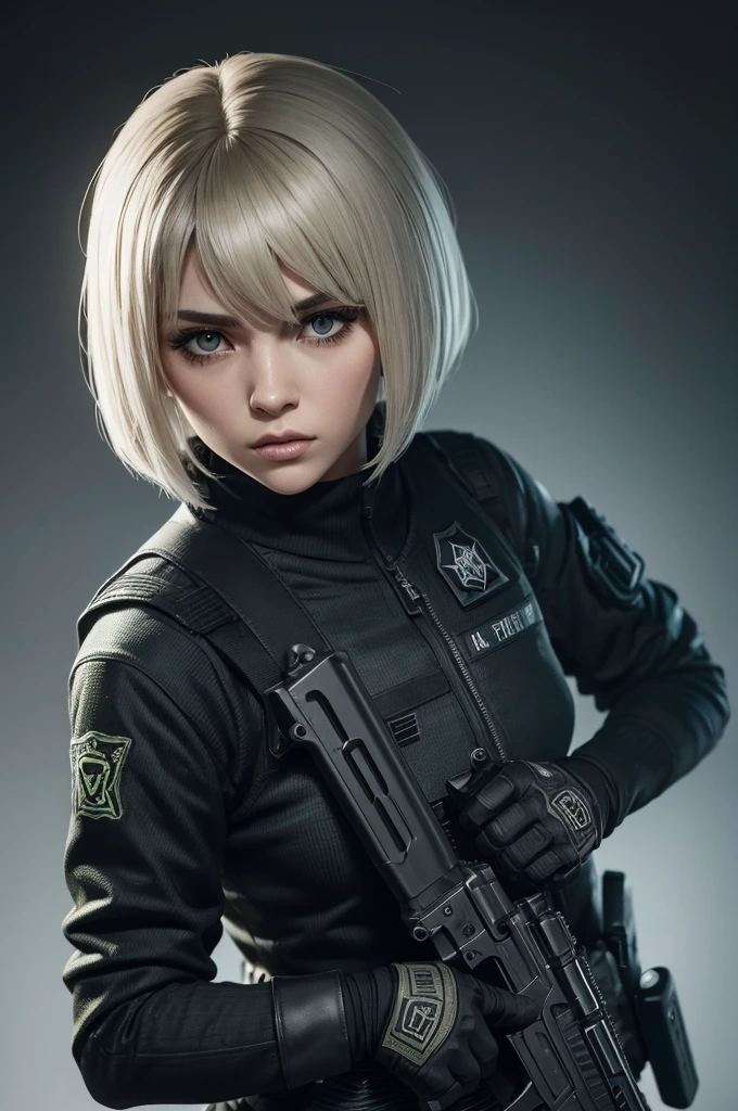 Personagem de callofduty inspirada no ghost. Parda, com cabelo preto abaixo do ombro e franjinha. Olhos verdes carregando um Fuzil Ak-47