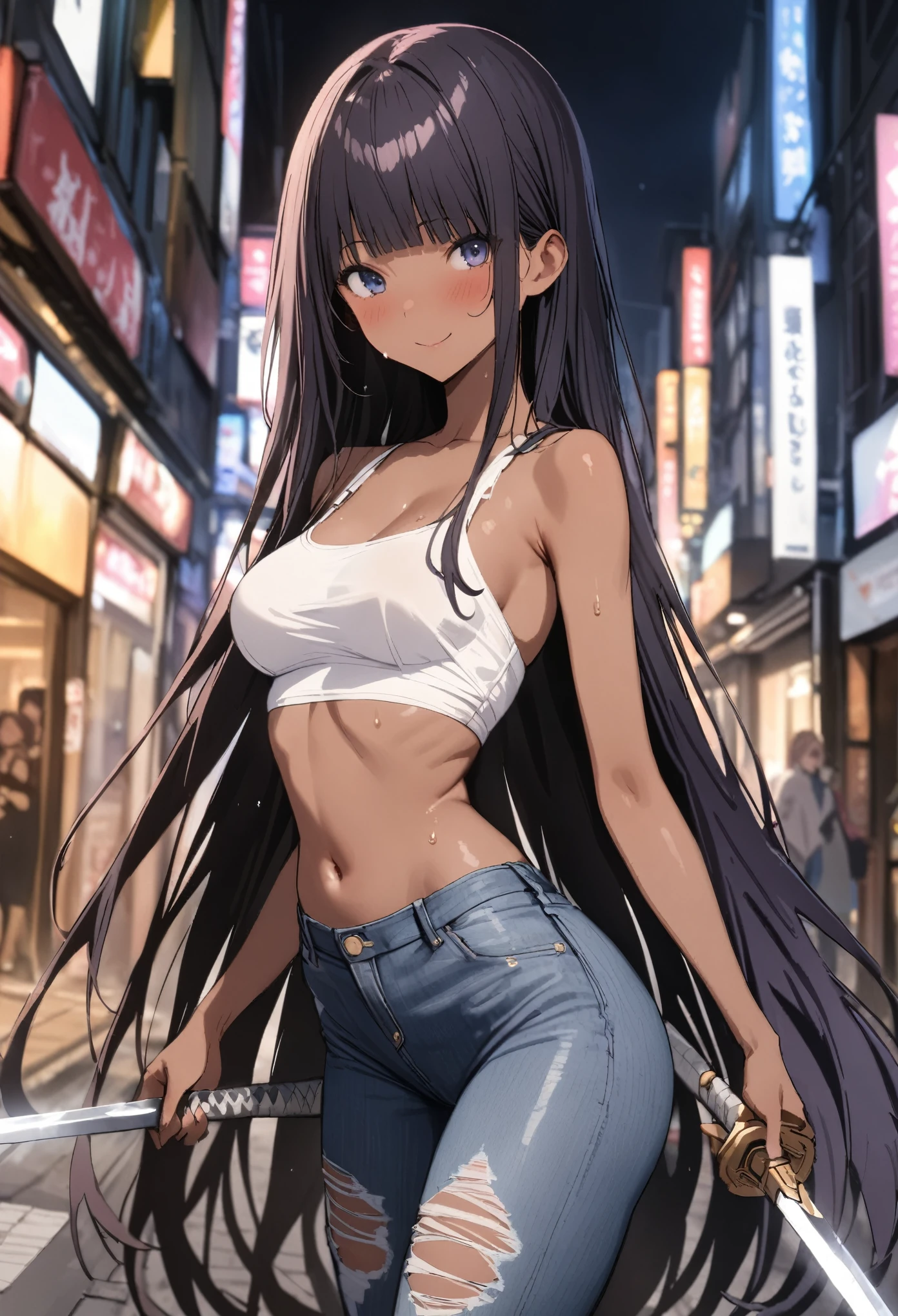 (((masterpiece, highest quality:1.3,absurdres))),25 year old beauty,solo,((very small head:1.2)),long hair,bangs,dark blue hair,dark blue eyes,gorgeous eyes,blush,smile,medium breasts,((very long body:1.2)),((toned body,slender body)),skinny,tan skin,gleaming skin,shiny skin,sweat,((ripped jeans)),((White tube top,navel)),Holding a sword in both hands、on street,Tokyo、at night、