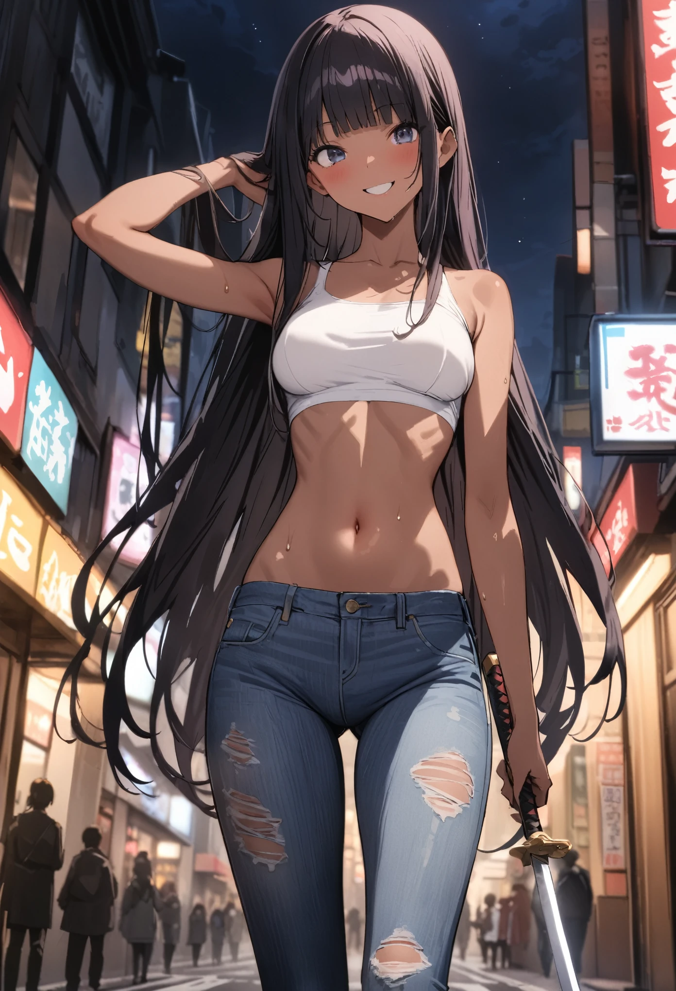 (((masterpiece, highest quality:1.3,absurdres))),25 year old beauty,solo,((very small head:1.2)),long hair,bangs,dark blue hair,dark blue eyes,gorgeous eyes,blush,smile,medium breasts,((very long body:1.2)),((toned body,slender body)),skinny,tan skin,gleaming skin,shiny skin,sweat,((ripped jeans)),((White tube top,navel)),Holding a sword in both hands、on street,Tokyo、at night、