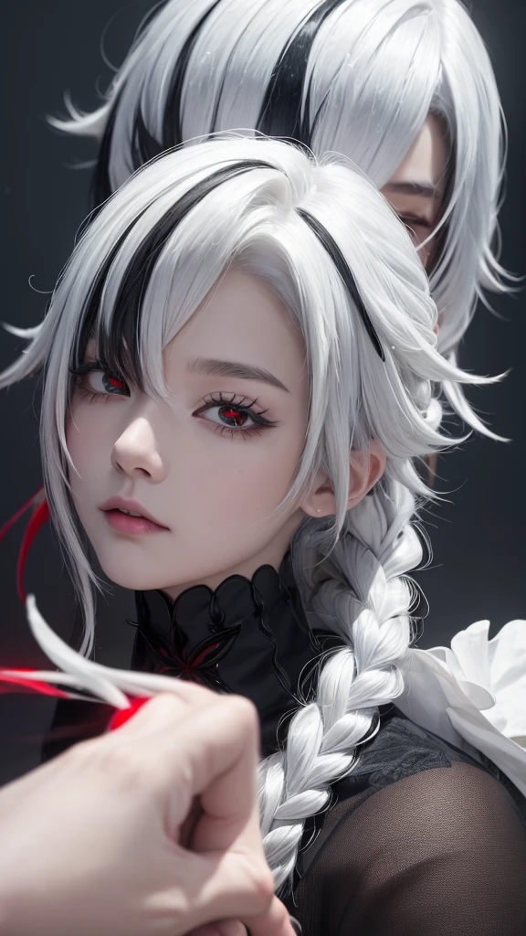 (,4K,high resolution,masterpiece:1.2),Ultra-detailed,Realism,White hair,Black Hair,Colorful Hair,short hair,Straight Hair,White hair long braid,Glowing red eyes,Red X pupil(focus),naughty girl,Low collar white collar,Stand on tiptoe,Long legs,major,Portrait,Beautiful and detailed eyes、gaze、Focus、Bright colors、Studio Lighting