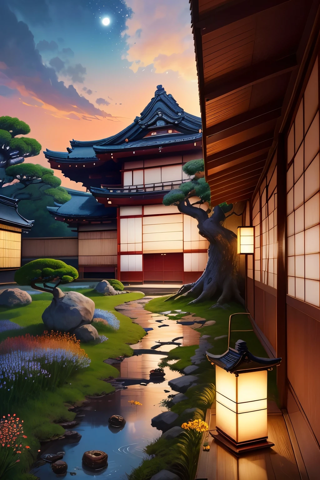 (Artwork:1), (Full view:1.5), (an old japonese house:1.6), (sunset ambiance:1.3), quiet, (colorful wildflowers flowing with the wind:1.4), magnificent sky, (Faint volumetric lighting:1.4), peaceful, (beautiful sky), (a large fig tree shading the cabin:1.4), (ghibli ambiance), Beautiful tones, subtle colors, peaceful, (illustration:1.0), Epic composition, realistic lighting, HD details, Artwork, best quality, studio ghibli style


