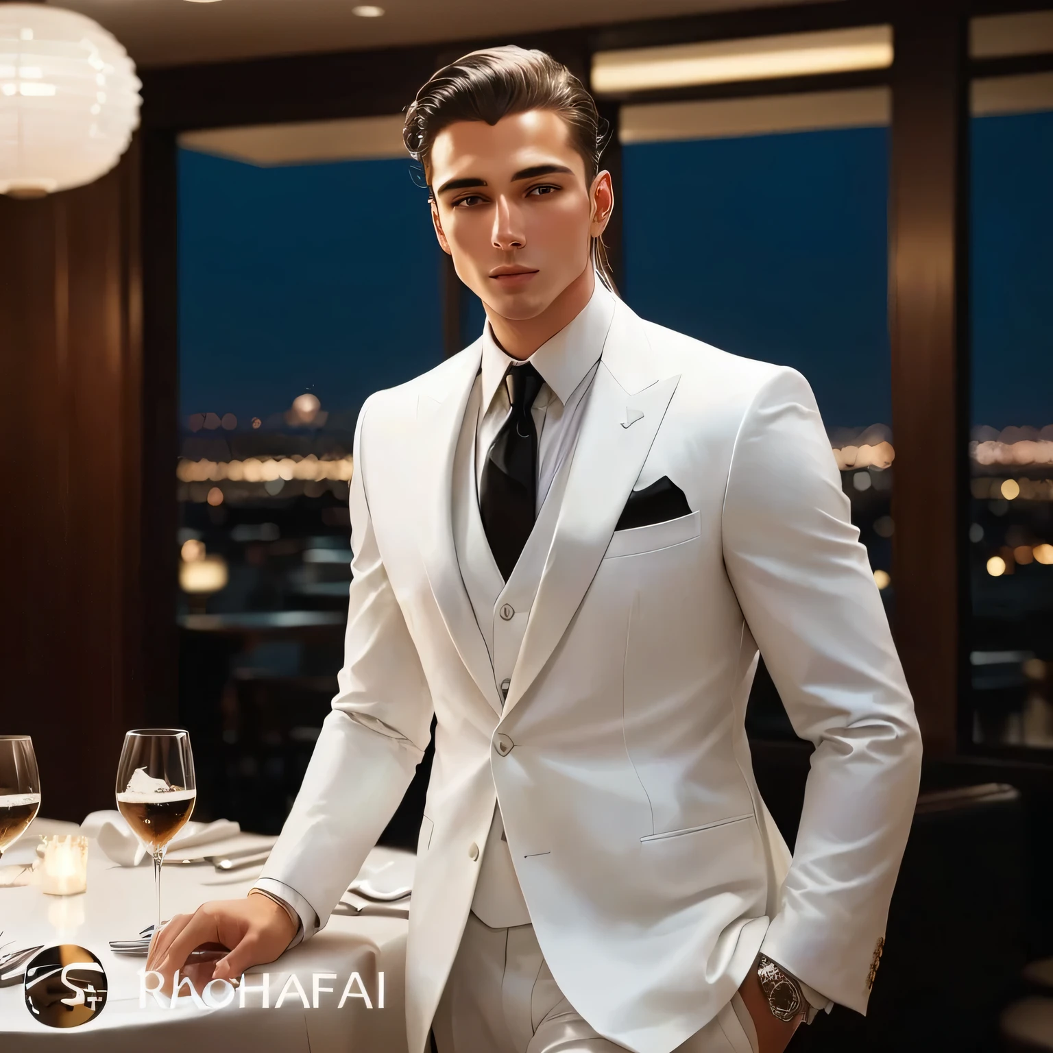 araff is wearing a white suit and tie and standing in a restaurant, wearing white suit, handsome and elegant, wearing a white tuxedo, white suit, white suit and black tie, inspired by Ramon Pichot, wearing a stylish men's suit, 3-piece-suit, handsome man, wearing futuristic white suit, luxurious suit, high quality suit
