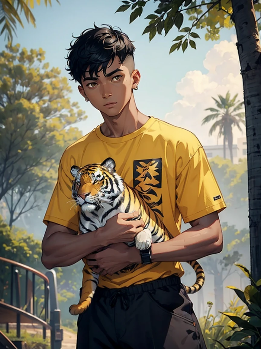 man1,(black skin),round face,brown eyes,black hair,high skin fade haircut for short hair,yellow t-shirt,(a tiger as a pet,Stands with tiger,in the park),retina,masterpiece,ccurate,anatomical correct, textured skin,super detail,high quality,high details,best quality,highres,UHD,1080P