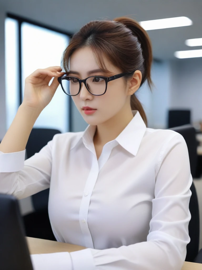 beautiful korean female, 34 inch breasts size, high ponytail, wearing shirt, Pretending to move glasses,  in the office's room, UHD