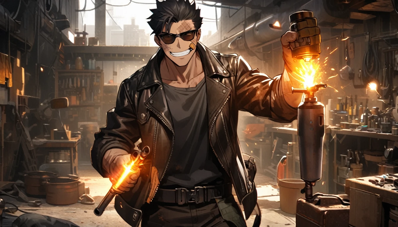 boy, strong, fighter, black hair, shades, technician, mechanic, band-aid on face, cut scars on face, leather jacket, blowtorch sparks, dusty clothes, evil smile, workshop background, bright orange eyes