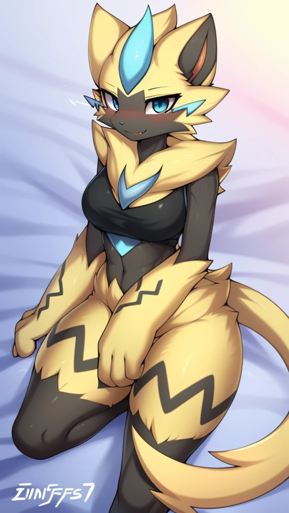 By zinfyu,by twistedscarlet60, uploaded on pixiv, by fluff-kevlar, (masterpiece), (best quality), (solo female:1.2), (extremely detailed:1.3),(detailed eye, blue eye), zeraora, wesring tanktop