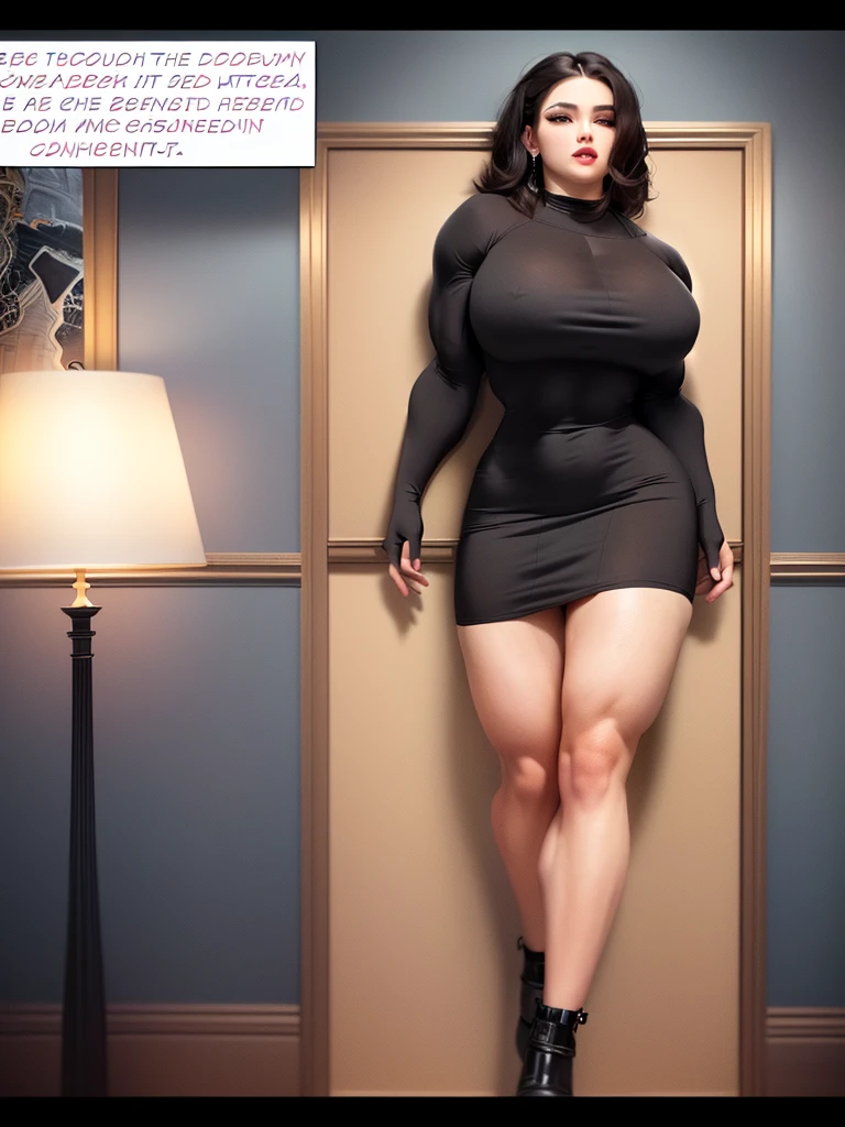 Cartoon of a woman in a short dress standing in a room, giantess art, garota musculosa, giantess, mulher ultraviolenta muscular, succubus in tight short dress, forte e imponente, musculoso e assustador, exaggeratedly large physique, huge legs towering over you, feminine and muscular, impondo e dominando, incrivelmente forte e alto, mulher forte, extremamente musculoso