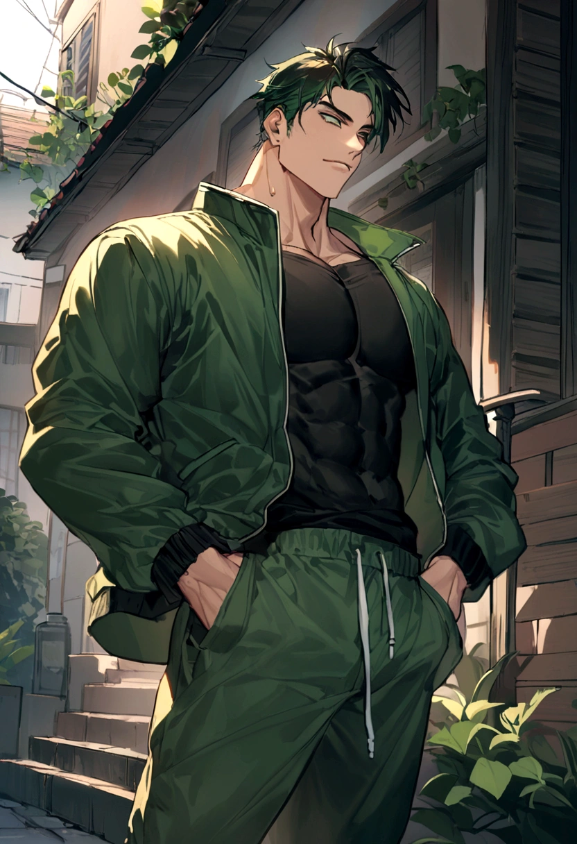 25-year-old male，Man wearing jacket，Jacket is dark green，He&#39;s wearing sweatpants，Man on the deserted street，Man standing sideways，He is a famous artist，Bodybuilding，Well-defined，actor "Luo Yunxi"