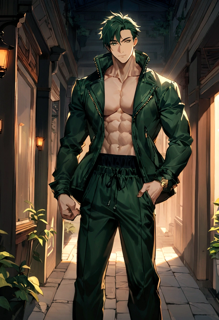25-year-old male,Man wearing jacket,Jacket is dark green,He's wearing sweatpants,Man on the deserted street,Man standing sideways,He is a famous artist,Bodybuilding,Well-defined,actor "Luo Yunxi"