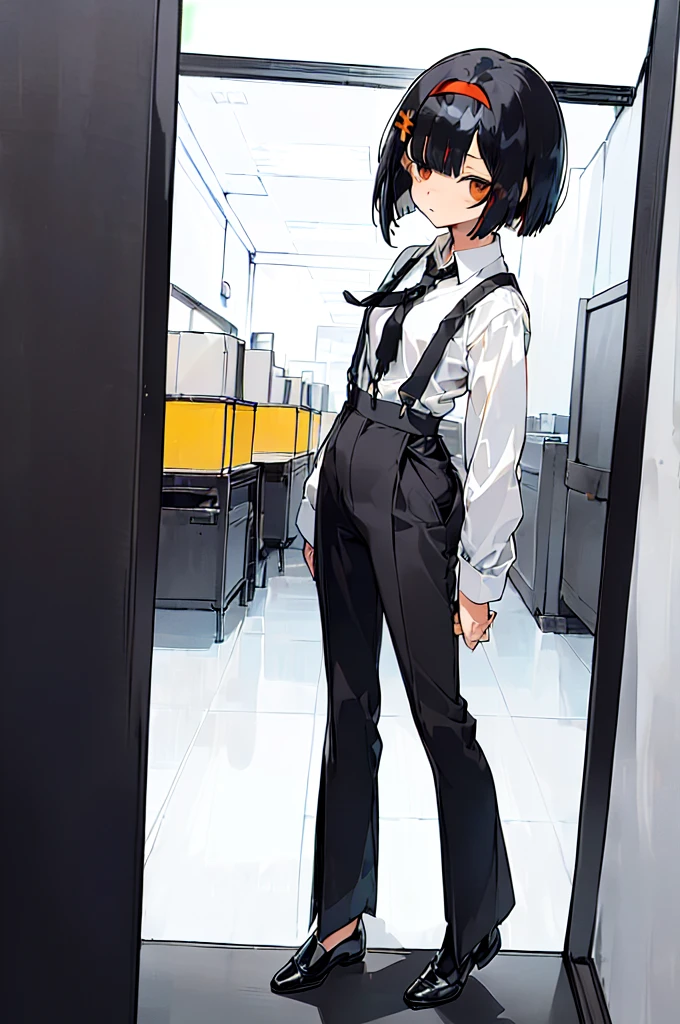 (((shy girl))), ((((shy posture)))), (((1 Girl))), (((standing up))), (((full body))), (((amber-colored irises))), ((flat chested)), ((((Urabe Mikoto Mysterious Girlfriend X anime style haircut)))), ((((((((hair bangs over eyes)))))))), ((((eyes hiding behind hair)))), (((short messy bob-cut))), (((eyes not visible due to being covered by hair))), ((eyes not visible due to be hidden by hair bangs)), ((((black high-waist long slacks)))), ((black suspenders)), (((black tie))), (((women's dress shirt))), ((women's dress shoes)), (((20-year-old Office Lady))), ((((Office Setting))).
