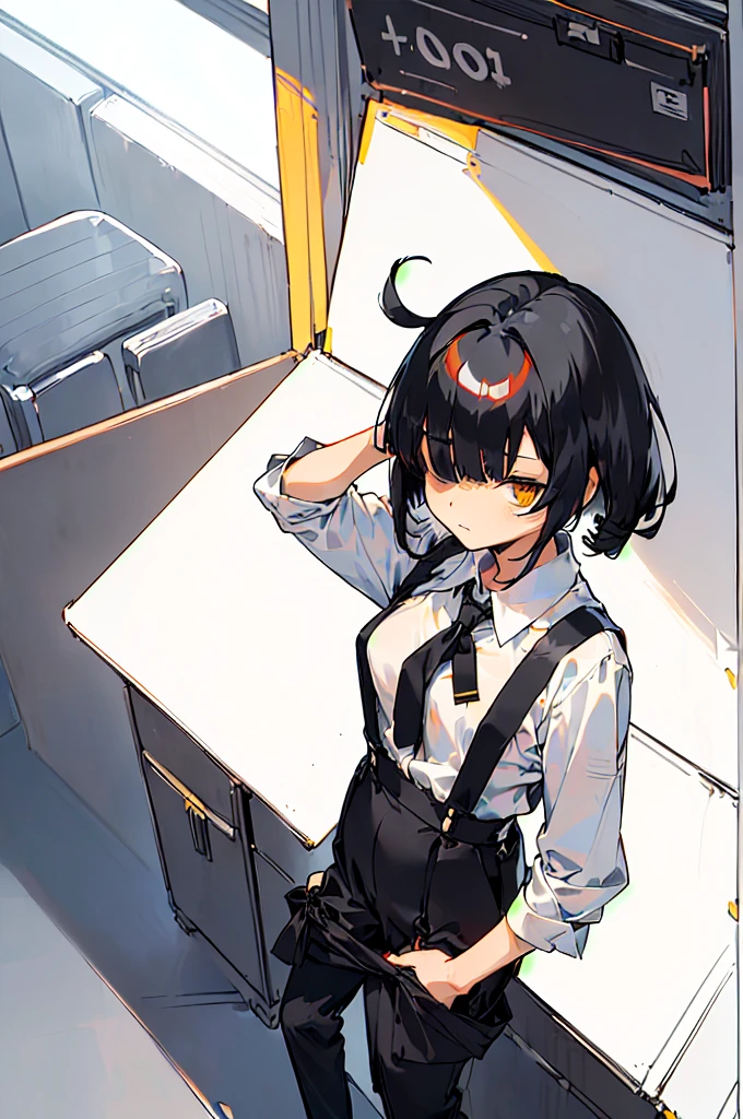 (((shy girl))), ((((shy posture)))), (((1 Girl))), (((standing up))), (((full body))), (((amber-colored irises))), ((flat chested)), ((((Urabe Mikoto Mysterious Girlfriend X anime style haircut)))), ((((((((hair bangs over eyes)))))))), ((((eyes hiding behind hair)))), (((short messy bob-cut))), (((eyes not visible due to being covered by hair))), ((eyes not visible due to be hidden by hair bangs)), ((((black high-waist long slacks)))), ((black suspenders)), (((black tie))), (((women's dress shirt))), ((women's dress shoes)), (((20-year-old Office Lady))), ((((Office Setting))).