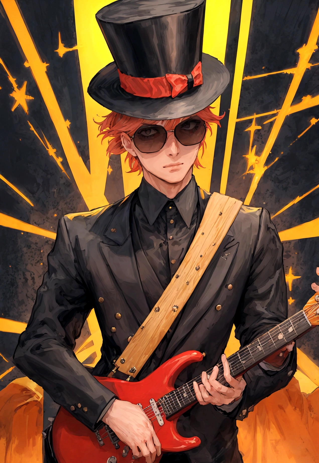 Create a pixel art style image of an iconic rock musician. The character must be playing an electric guitar with great mastery, com longos cabelos cacheados voando ao vento. He wears a black top hat and sunglasses that hide his eyes., adding an air of mystery. The musician is on a stage illuminated by colored lights, with amplifiers around and a lively crowd in the background. A paleta de cores inclui tons intensos de preto, vermelho e dourado, criando uma atmosfera vibrante e cheia de energia.