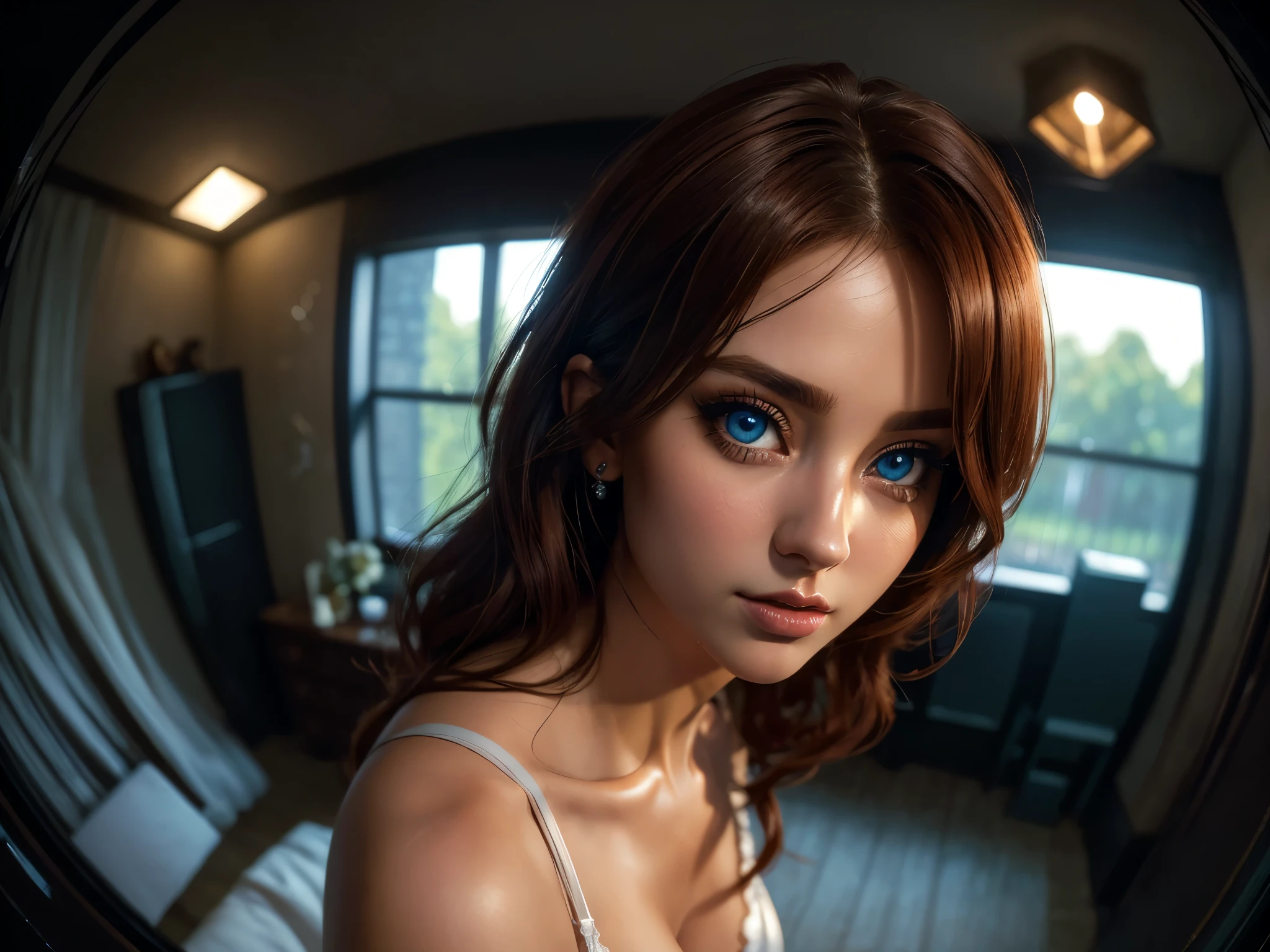 (((Full body 1.1, panorama, full-length, wallpaper, photo-posing, for magazine cover 1.1))), (((( very beautiful eyes 1.1)))). (perfect details: 1.1), (beautiful and clear background: 1.2), (extremely detailed CG, ultra detailed, best shadow: 1.1), (((finely detailed beautiful eyes))), (full length 1.1).a very beautiful woman with dark skin, red hair in a bob hairstyle, expressive blue eyes, wearing white lace lingerie, in a bedroom setting with a sexy and erotic atmosphere,(best quality,4k,8k,highres,masterpiece:1.2), ultra-detailed,(realistic,photorealistic,photo-realistic:1.37),portrait,glamorous,dramatic lighting,cinematic,chiaroscuro HDMI, HDRI, UDHD,(( Scatter effect)), (( volume effect 1.1)), (( Depth sharpness 1.1)), ((fisheye lens)).(perfect details: 1.1), (beautiful and clear background: 1.2), (extremely detailed CG, ultra detailed, best shadow: 1.1), (finely detailed beautiful eyes) , (full-length 1.1)