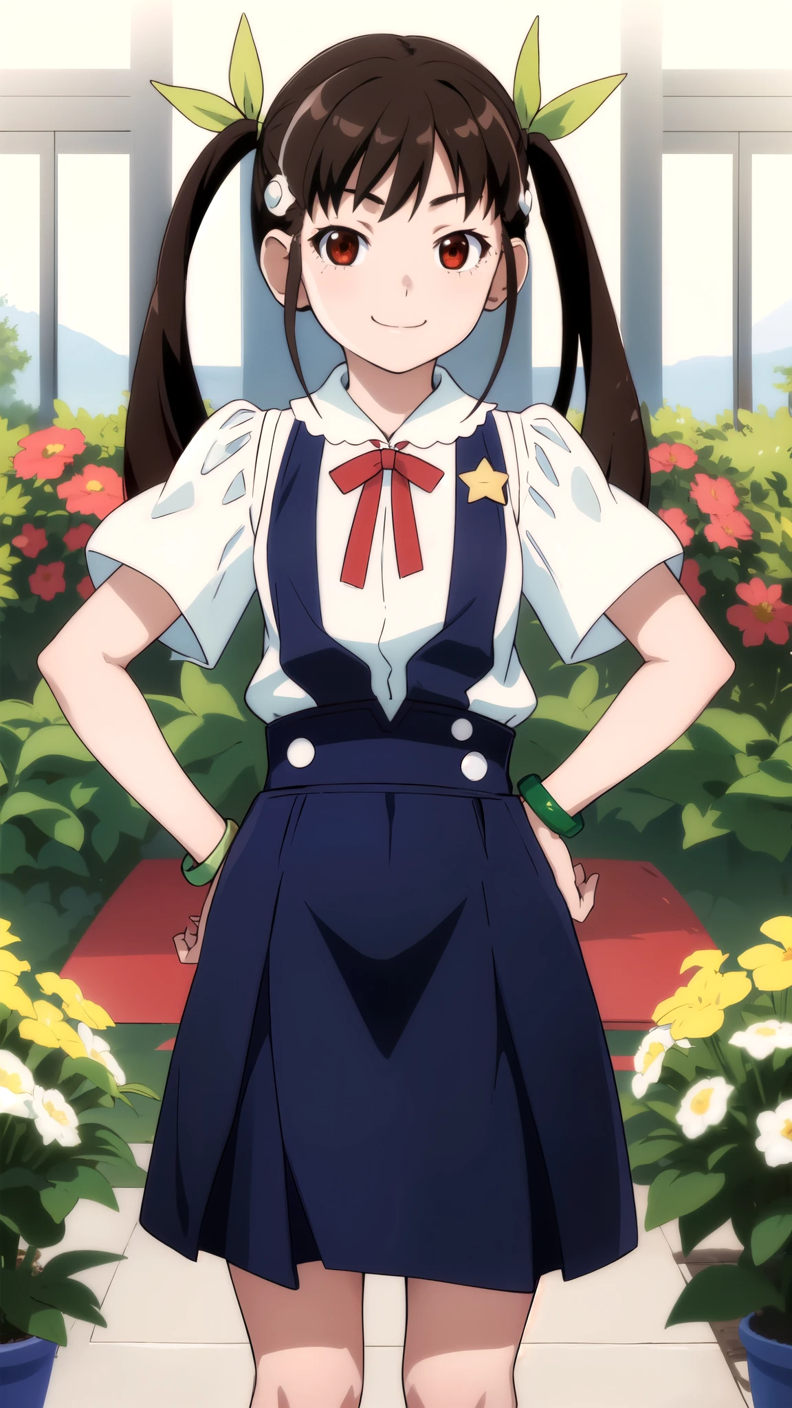 masterpiece, highest quality, High resolution, detailed,
One girl, alone,  View Viewer, 
hachikuji01, Long Hair, Brown Hair, Red eyes, Flat Chest, Twin tails, hair ribbon, White hair band, 
skirt, shirt, ribbon, Green Bracelet,  , white shirt, Short sleeve, blue skirt, suspenders, suspender skirt, star \(symbol\), 
smile, :3,
Hands on hips,
Portraiture,
garden, Flowers, wood,
