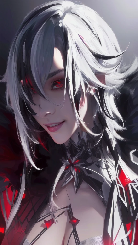 Short curly hair,Straight Hair,White hair,Black Hair,Colorful Hair,Eyeliner,Glowing red eyes, Red X pupil,Smile,Realistic style,reality