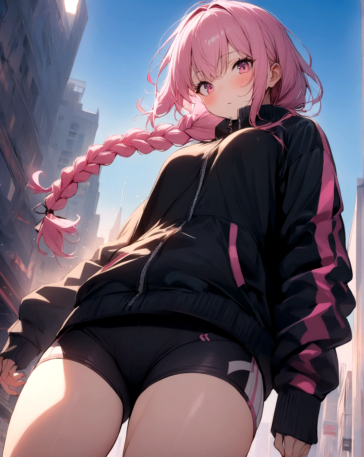 1 girl, pink hair, has braids, pink eyes, black jacket with pink details, short and tight shorts, sports shorts, in the city, masterpiece, warm light, blue sky.