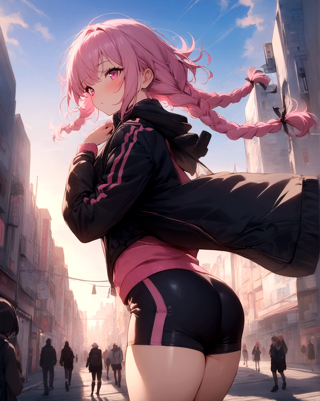 1 girl, pink hair, has braids, pink eyes, black jacket with pink details, short and tight shorts, sports shorts, in the city, masterpiece, warm light, blue sky.