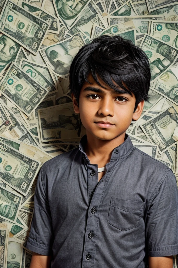 Write a medium prompt about "A mid-age boy with black hair showing money notes. The boy is Indian."