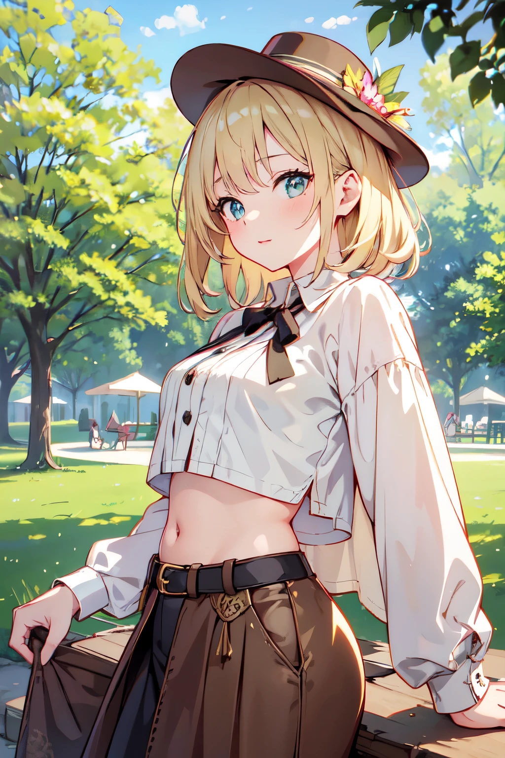 best quality, masterpiece, high resolution, steam punk,//A park filled with summer foliage, (lady wearing cropped shirt:1.2), cozy blanket, blonde hair, sexy pose