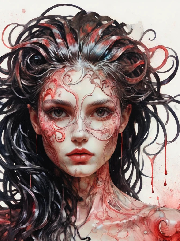 8K, rgb, hdr, pinturas de aceite, acuarelas, colores saturados brillantes, Anna Razumovskaya, Jarek Kubicki, Aleksi Brilo, Darek Zabrotsky, sakimichan, lois, Aminola Rezai, foto CRUDA, negro, dark Rojo, de cerca, Retrato de Medusa, mixed media collage. text with inscription "eloise", hermoso rostro. calligraphy, Gouache Wash, Boceto a pluma, lineas finas, Vintage illustration style. negro, blanco, Rosa coral, Rojo, pelo rubio, beautiful patterns ral-negrolight