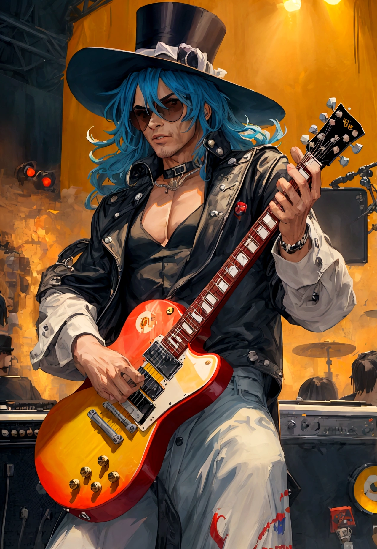 Create a pixel art style image of legendary guitarist Slash. Na cena, he must be playing his iconic Gibson Les Paul guitar, with his characteristic black top hat and sunglasses. Sua longa cabeleira cacheada deve ser destacada. A cena deve ser vibrante, com um palco iluminado por luzes coloridas ao fundo, criando uma atmosfera de show de rock. Add details like surrounding amplifiers and a lively crowd in the background. Use uma paleta de cores que capture a energia do rock n' roll, com tons intensos de preto, vermelho e dourado.