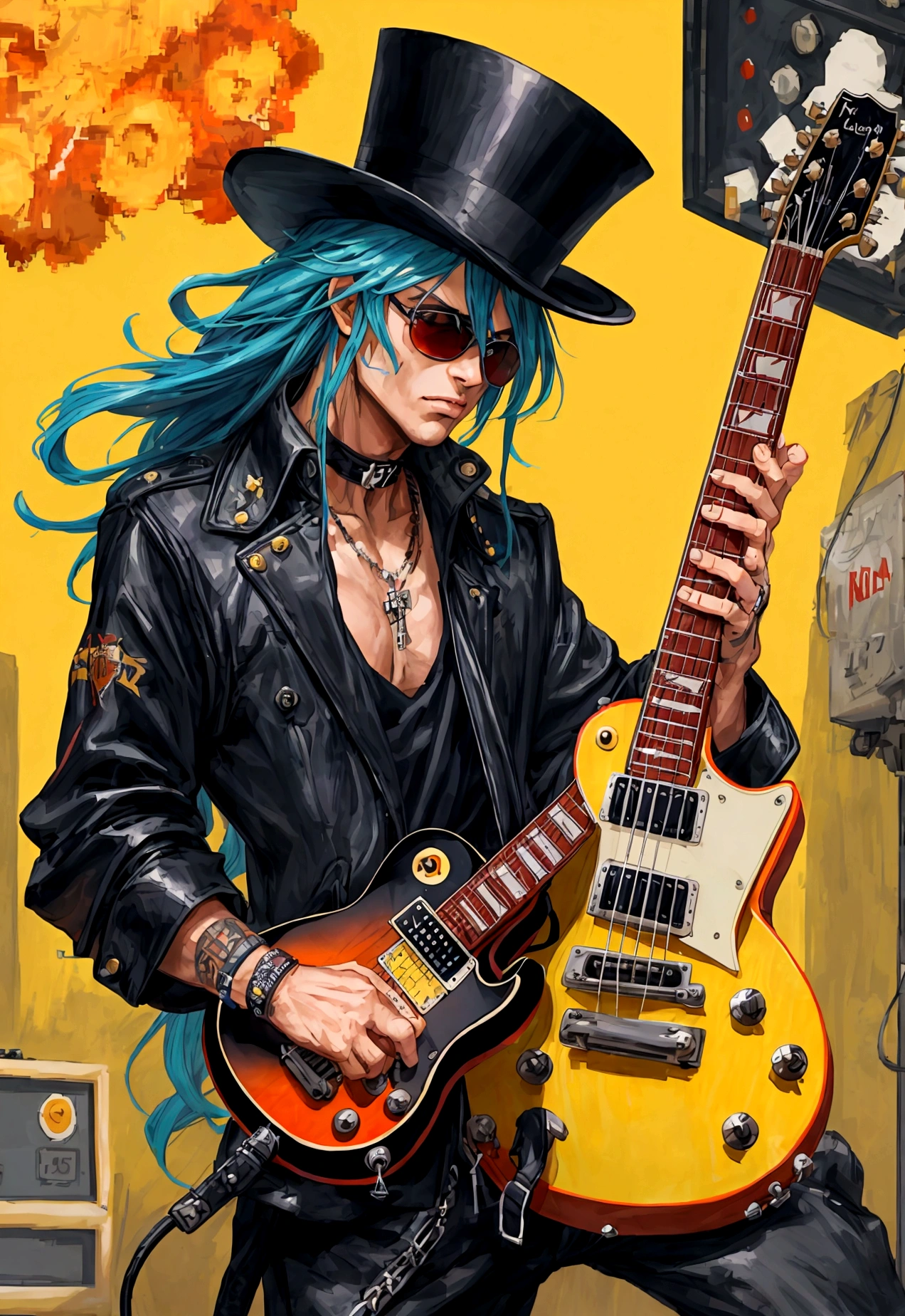 Create a pixel art style image of legendary guitarist Slash. Na cena, he must be playing his iconic Gibson Les Paul guitar, with his characteristic black top hat and sunglasses. Sua longa cabeleira cacheada deve ser destacada. A cena deve ser vibrante, com um palco iluminado por luzes coloridas ao fundo, criando uma atmosfera de show de rock. Add details like surrounding amplifiers and a lively crowd in the background. Use uma paleta de cores que capture a energia do rock n' roll, com tons intensos de preto, vermelho e dourado.