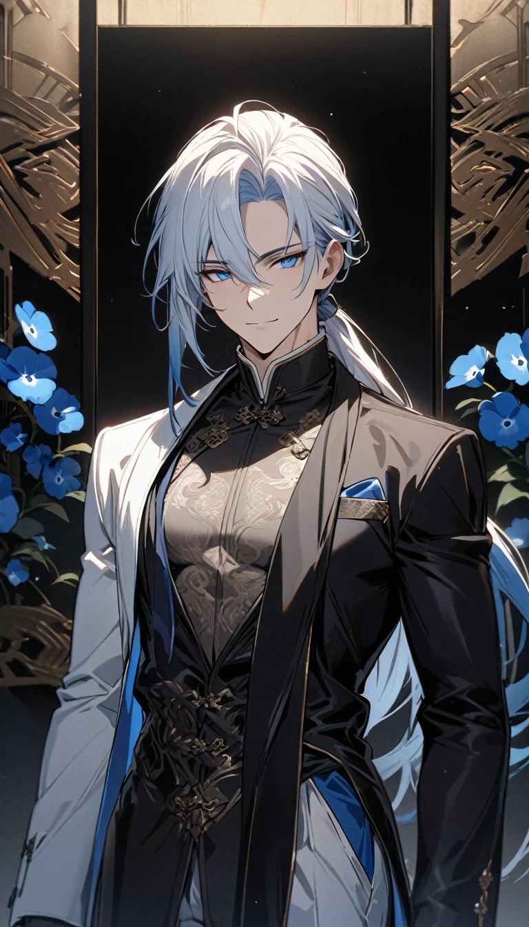 (masterpiece:1.5)，best quality，(1 Handsome man)，alone，white medium length hair，Low ponytail，(blue eyes), (A soft smile)，elegant，perfect face，Fantasy Chinese style，Long black trench coat，white and blue cloth，Complex clothing design with Chinese elements，Black leather gloves，white lining，White suit pants，Slightly muscular body，High，8K，Beautiful contrast of light and shadow，Dark luxury background，(complete upper body)，Positive face，((Nemophila))，luxury screen，blue flowers