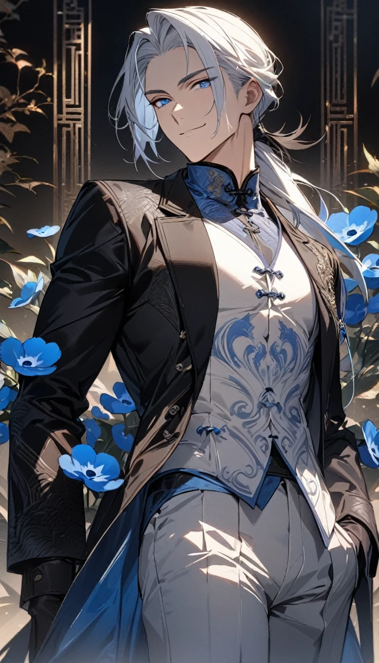 (masterpiece:1.5)，best quality，(1 Handsome man)，alone，white medium length hair，Low ponytail，(blue eyes), (A soft smile)，elegant，perfect face，Fantasy Chinese style，Long black trench coat，white and blue cloth，Complex clothing design with Chinese elements，Black leather gloves，white lining，White suit pants，Slightly muscular body，High，8K，Beautiful contrast of light and shadow，Dark luxury background，(complete upper body)，Positive face，((Nemophila))，luxury screen，blue flowers