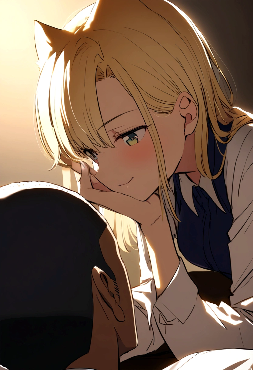 Blond anime cat girl teasing sexual a black haired guy with a buzz cut