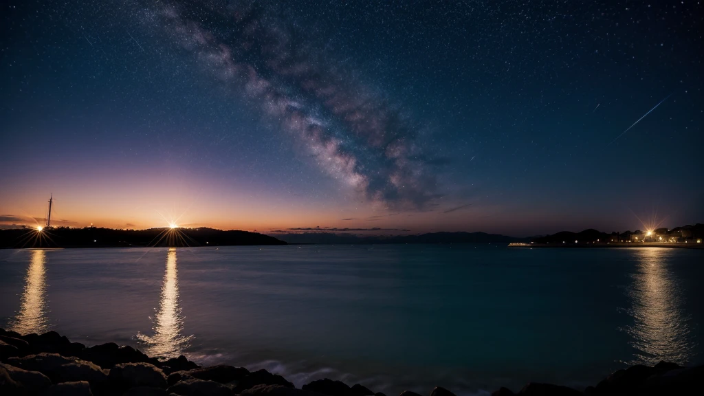 Glittering sky with shining stars and moonlight. Por do sol. Criar arte para moldura
