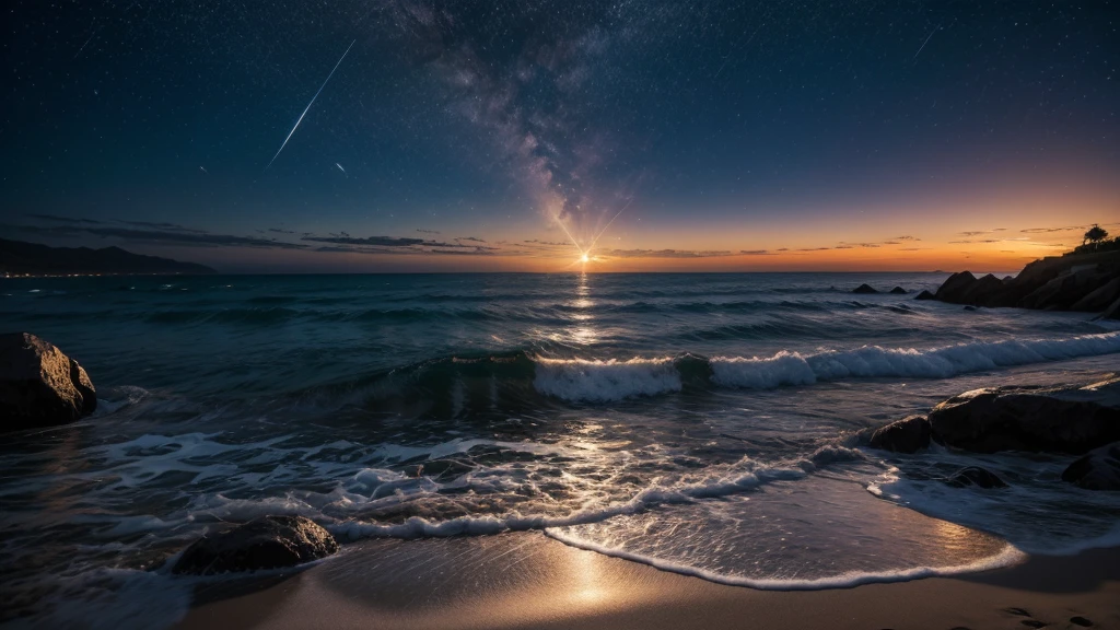 Glittering sky with shining stars and moonlight. Por do sol. Criar arte para moldura
