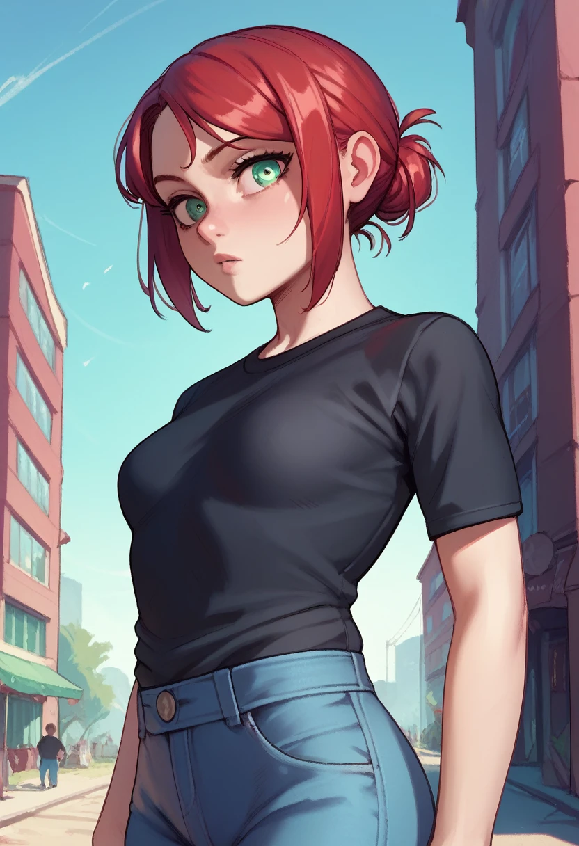 ((red hair)), green eyes, half bun hair, bust, ((curious look)), ((masterpiece)), ((detailed)), ((black shirt)), ((blue jeans)), ((best quality)), ((outside)), small breasts, ((bright)), (pretty eyes), looking at viewer