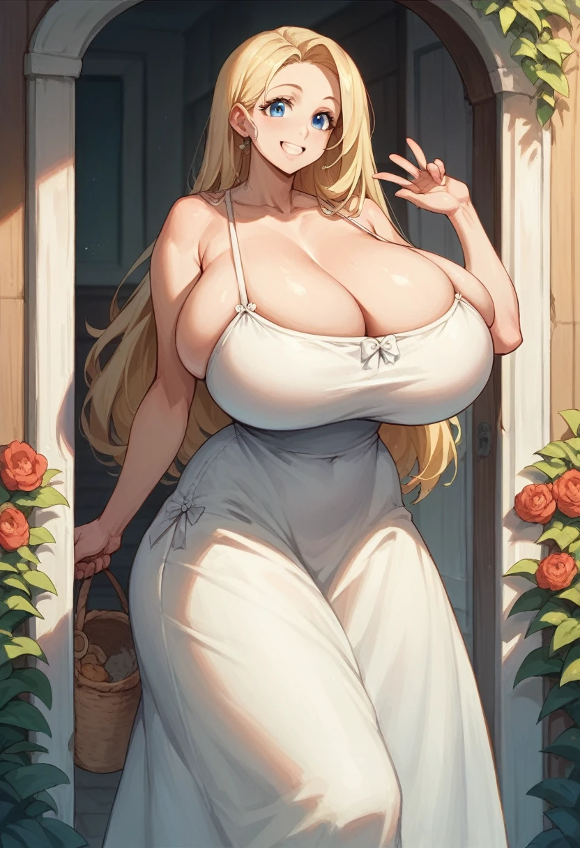 (Cute innocent white 12 year old), long blonde hair, blue eyes, (huge massive round breasts), posing at a porch, smiling, wearing erotic minimalistic sundress, having fun, happy, smiling,