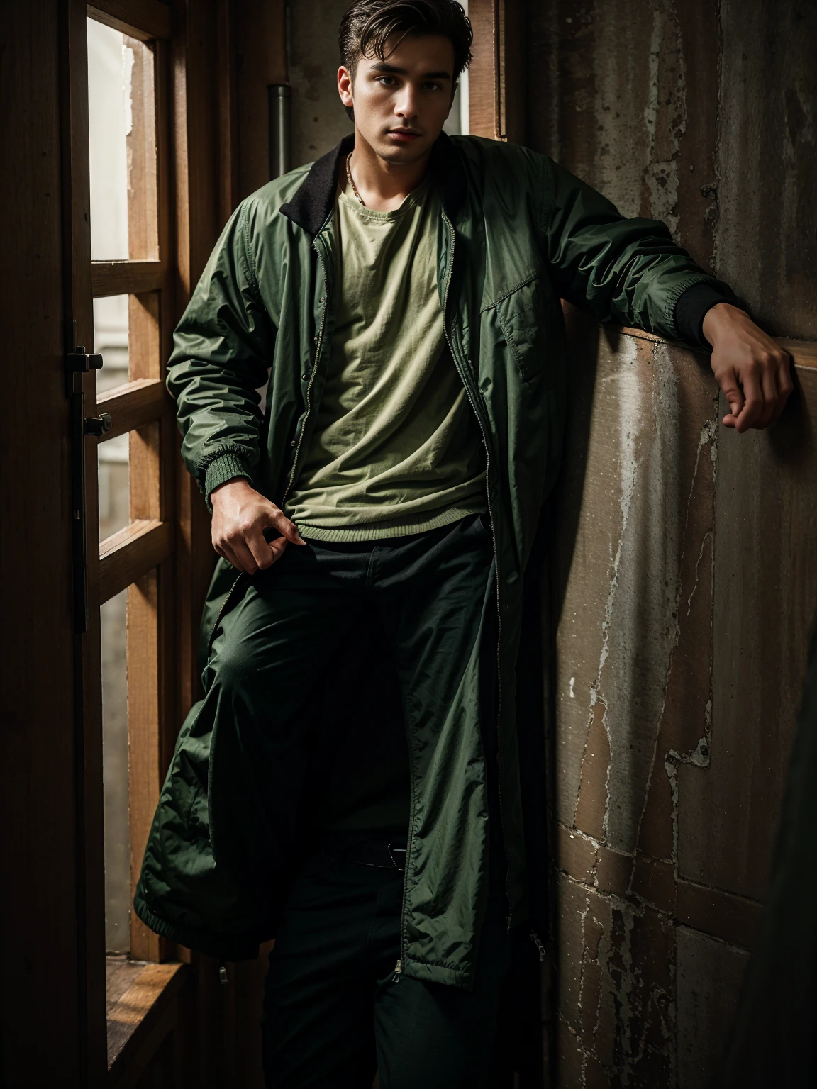 25-year-old male，Man wearing jacket，Jacket is dark green，He&#39;s wearing sweatpants，Man on the deserted street，Man standing sideways，He is a famous artist，Bodybuilding，Well-defined，actor "Luo Yunxi"