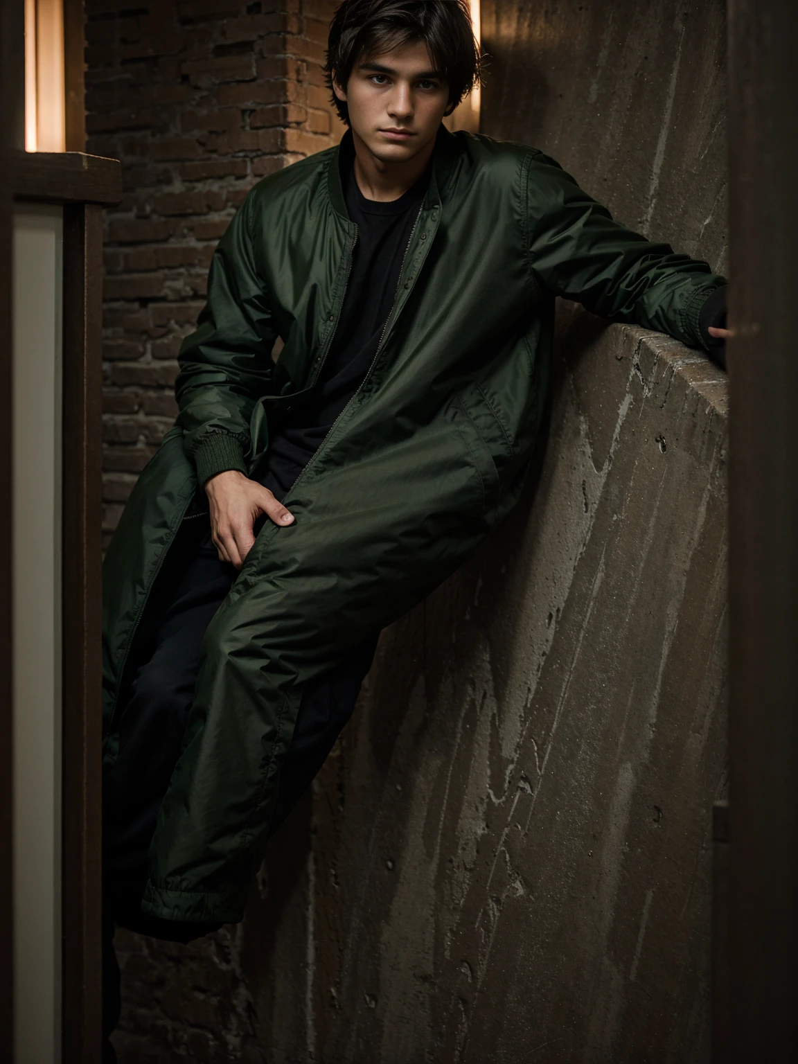 25-year-old male,Man wearing jacket,Jacket is dark green,He's wearing sweatpants,Man on the deserted street,Man standing sideways,He is a famous artist,Bodybuilding,Well-defined,actor "Luo Yunxi"