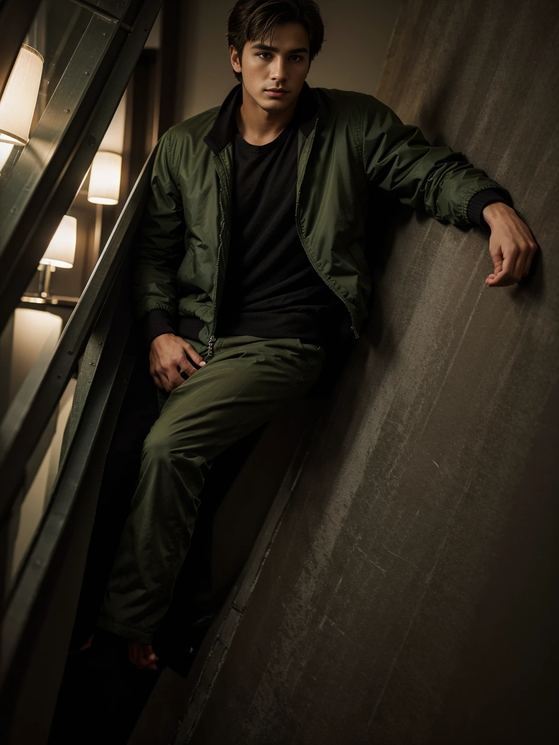 25-year-old male，Man wearing jacket，Jacket is dark green，He&#39;s wearing sweatpants，Man on the deserted street，Man standing sideways，He is a famous artist，Bodybuilding，Well-defined，actor "Luo Yunxi"