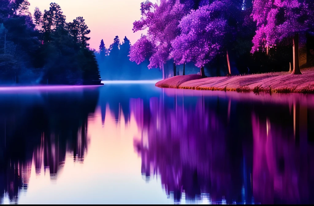 purple sky reflected in the water, light purple mist, purple mist, soft purple glow, purple fog, extremely beautiful and ethereal, peaceful and serene, soft reflections, mystical lake, purple water, tranquility, the morning river, soft lilac skies, ethereal beauty, beautiful and mysterious, fog on the water, purple glow, very ethereal, calm and serene, soft light misty