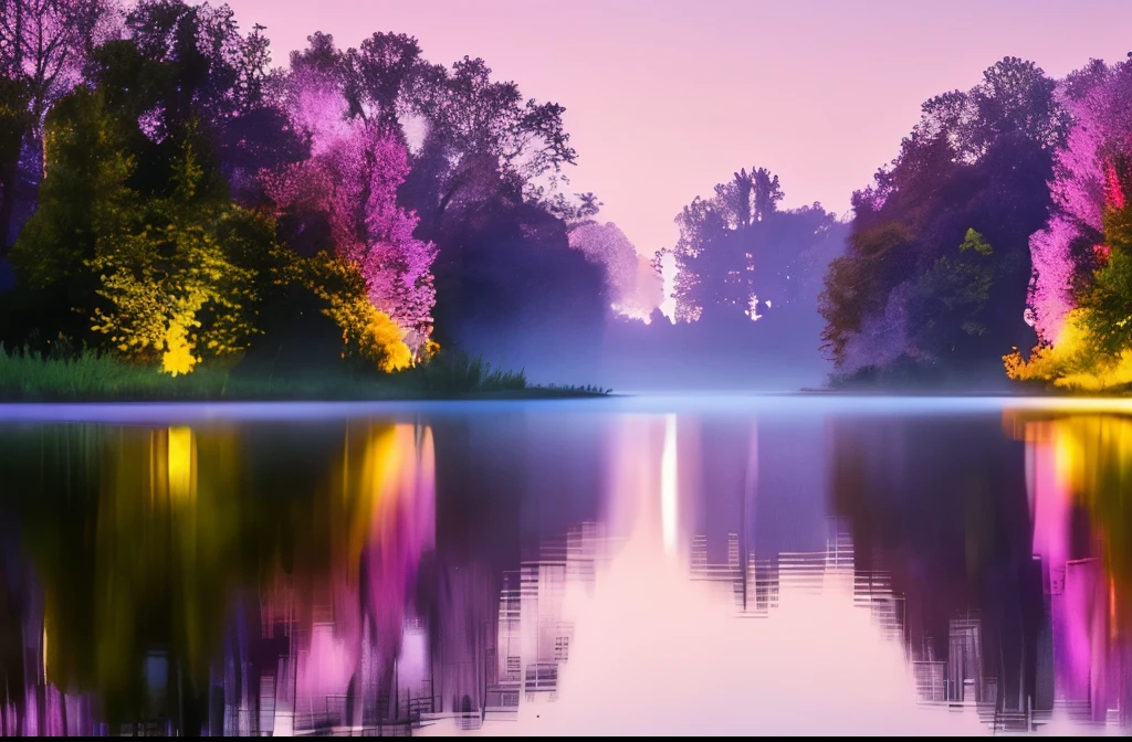 purple sky reflected in the water, light purple mist, purple mist, soft purple glow, purple fog, extremely beautiful and ethereal, peaceful and serene, soft reflections, mystical lake, purple water, tranquility, the morning river, soft lilac skies, ethereal beauty, beautiful and mysterious, fog on the water, purple glow, very ethereal, calm and serene, soft light misty