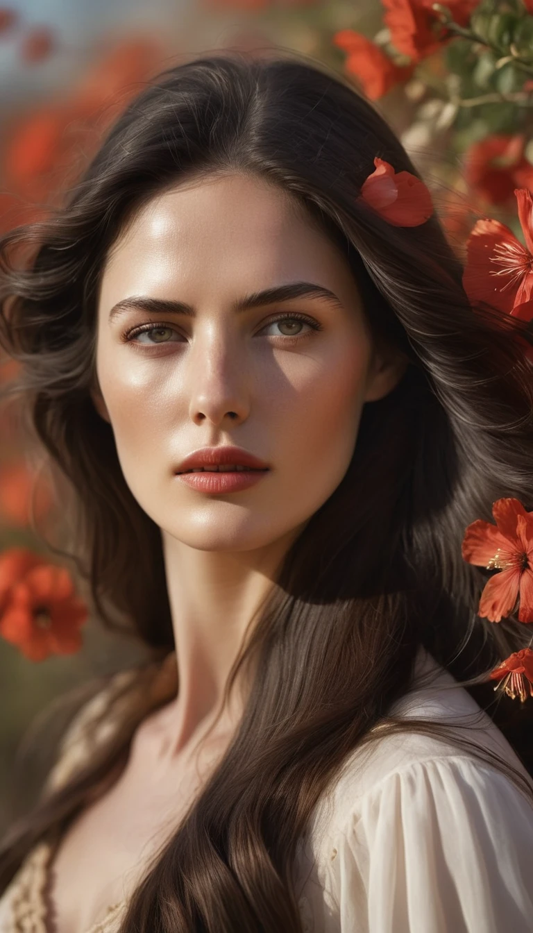 Portrait of a young woman with long dark hair, which blows in the wind.
Flowers of different colors are woven into her hair, in particular white and red, which add natural beauty and romance to the image.
Her face is partially lit with soft, warm light, which creates a contrast between light and shadow.
The facial expression is calm and a little pensive, with a slight emphasis on the eyes and lips.
The general style of photography is artistic, with a focus on details and a warm color scheme, which creates a sense of intimacy and peace.
