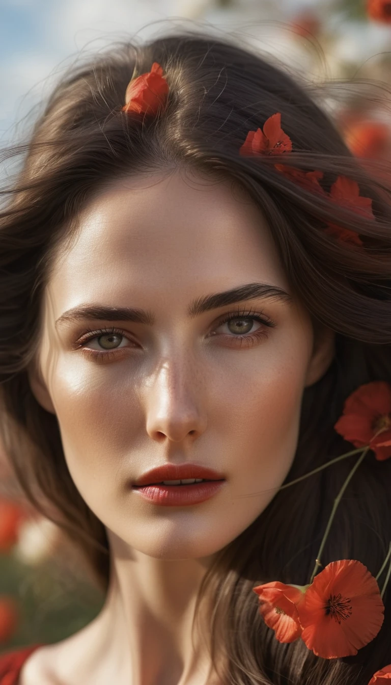 Portrait of a young woman with long dark hair, which blows in the wind.
Flowers of different colors are woven into her hair, in particular white and red, which add natural beauty and romance to the image.
Her face is partially lit with soft, warm light, which creates a contrast between light and shadow.
The facial expression is calm and a little pensive, with a slight emphasis on the eyes and lips.
The general style of photography is artistic, with a focus on details and a warm color scheme, which creates a sense of intimacy and peace.
