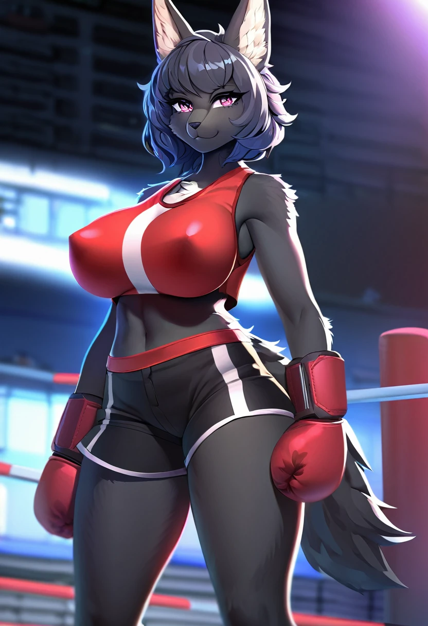 Detailed image, High quality, 4K, detailed face, anime style, single female black jackal, furry, Fluffy fur, lush breasts, pretty haircut, in a sexy boxing outfit, in short skirt with shorts, in boxing gloves, stands near the boxing ring