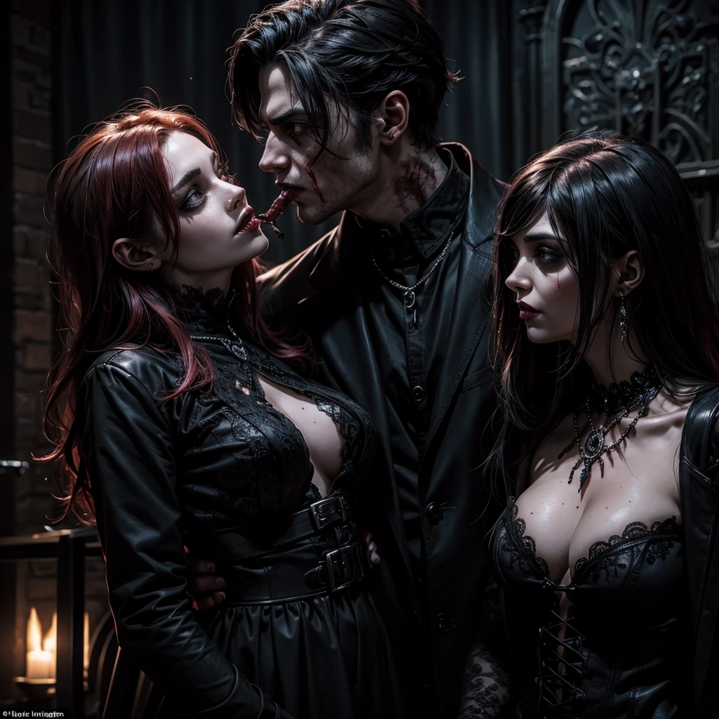 A male zombie and a sexy dark female vampire kissing, in the background a sinister and mysterious gothic environment